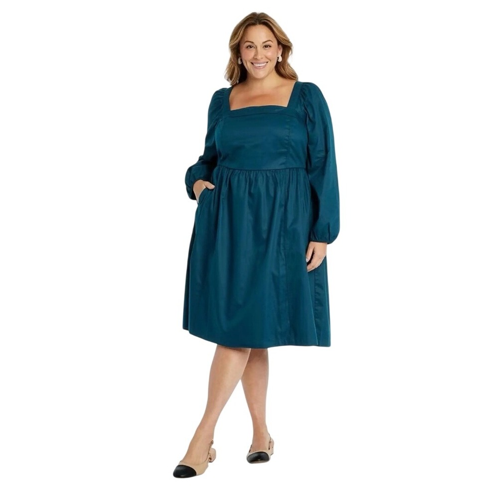 Ava & Viv Women's Teal Smocked Back Puff Sleeve Midi Dress Size 4X
